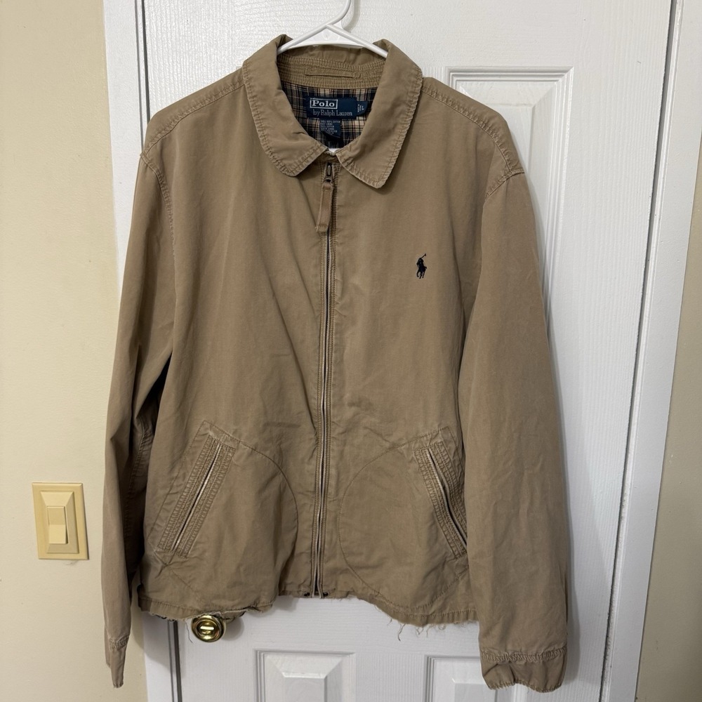 VTG Polo Ralph Lauren Tan Swing Harrington Jacket Men's Size Large Distressed